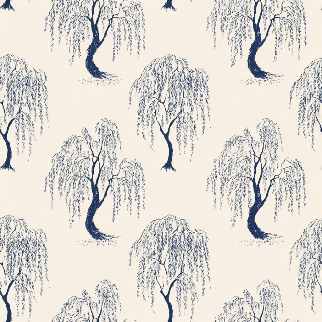 Floral wallpaper, Porcelaine d’Azur, featuring weeping willow tree pattern.
