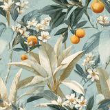 Citrus Atelier wallpaper with tropical leaf and fruit pattern on a light blue background.