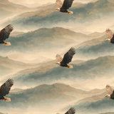 Patterned wallpaper featuring bald eagles flying across a misty mountain landscape.
