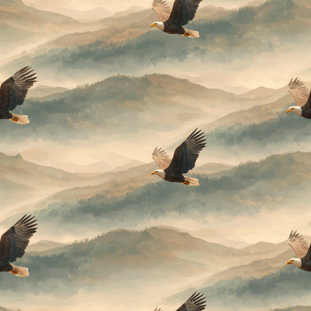 Patterned wallpaper featuring bald eagles flying across a misty mountain landscape.