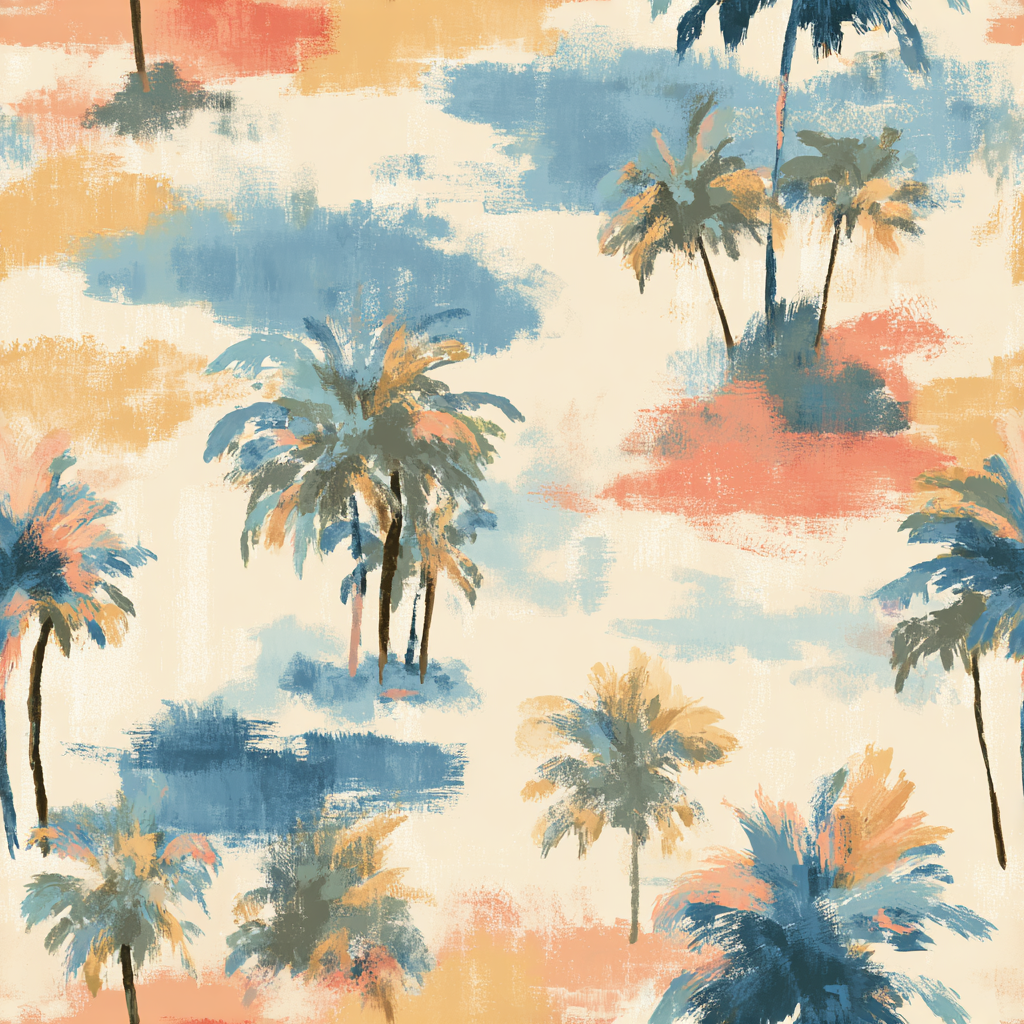 Painterly palm frond wallpaper in coral, denim and ochre