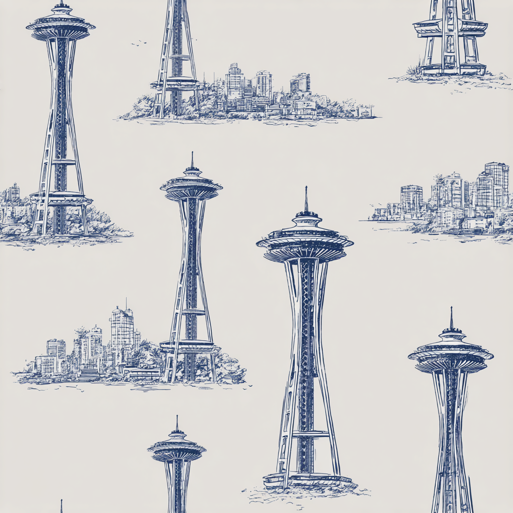 Blue and white Astra Spire Wallpaper with Seattle skyline sketches.
