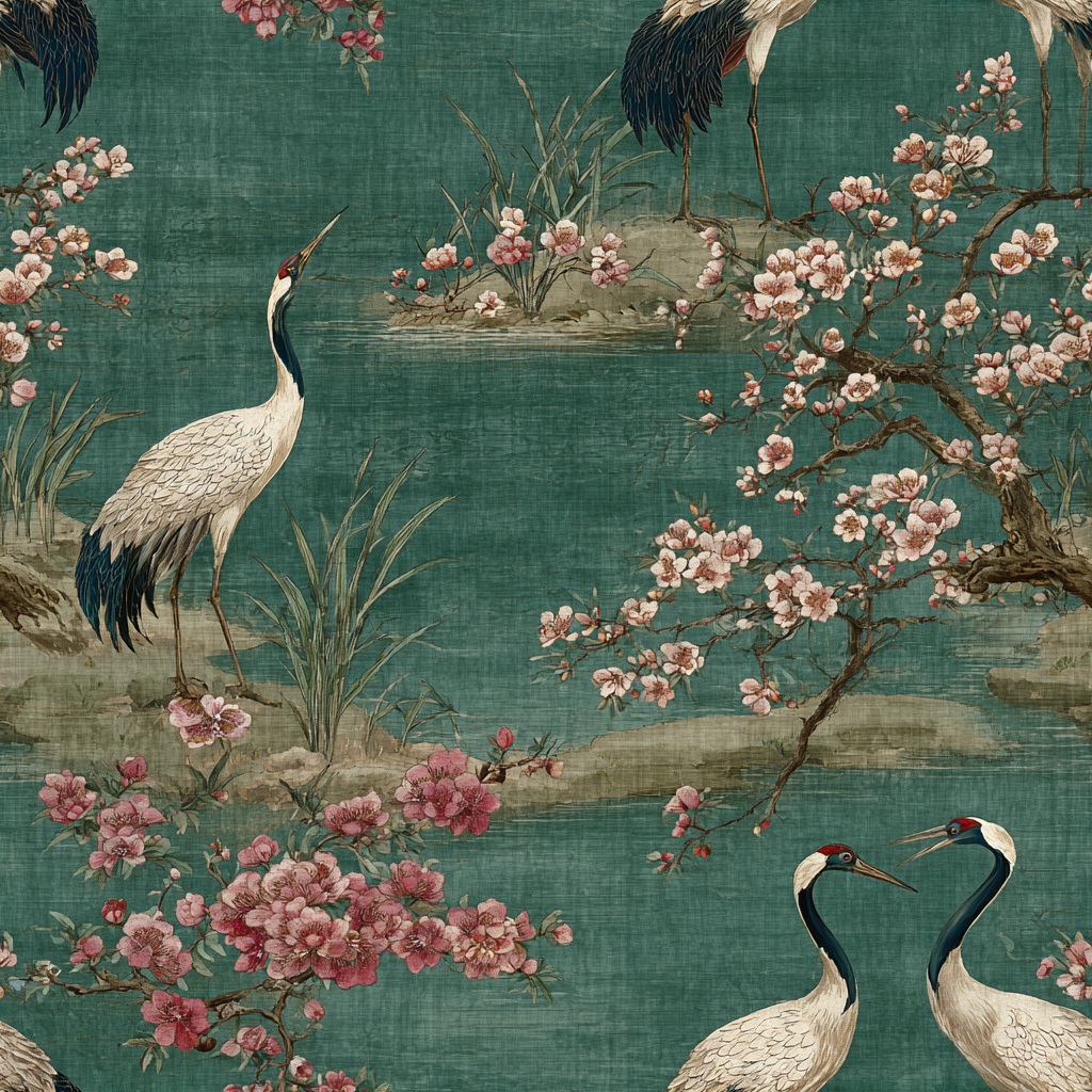 Song of the Crane wallpaper with cranes and flowering branches on a mottled teal backdrop.
