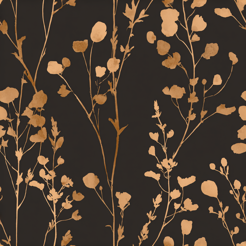 Botanical print wallpaper in emberline nocturne with delicate branches and leaf silhouettes.
