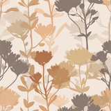 Botanical pattern wallpaper with muted earth tones, showing flowers and foliage silhouettes.
