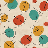 Abstract wallpaper with teal, red, and yellow circles and lines.