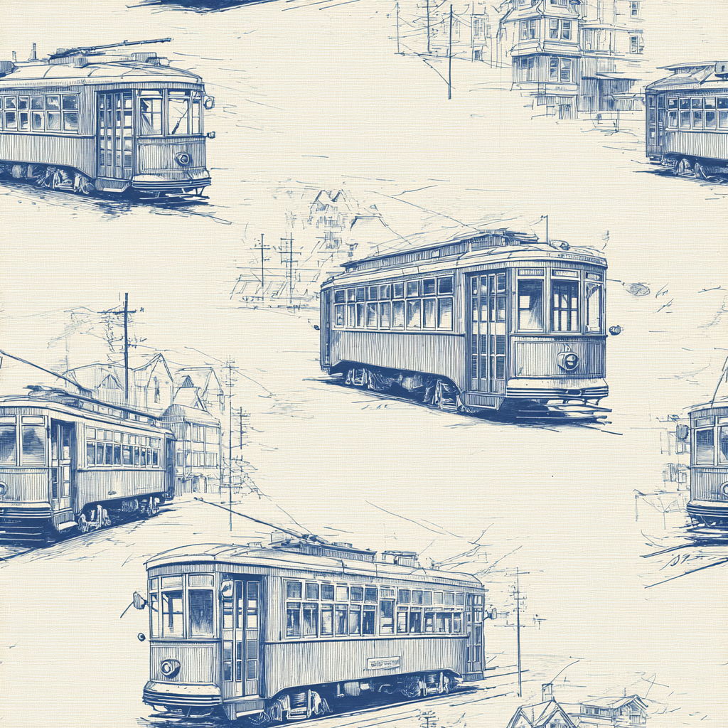 Trolley Vale wallpaper in blue pattern on a textured background.