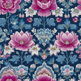 Floral wallpaper with pink and blue botanical patterns against a navy backdrop.
