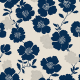 Floral bloom wallpaper with navy flower pattern and gray leaf accents.