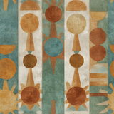 Abstract pattern wallpaper with geometric shapes in teal, brown, and gold.
