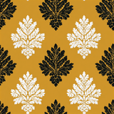 Guildhall linen wallpaper with a leaf damask pattern on a golden yellow background.