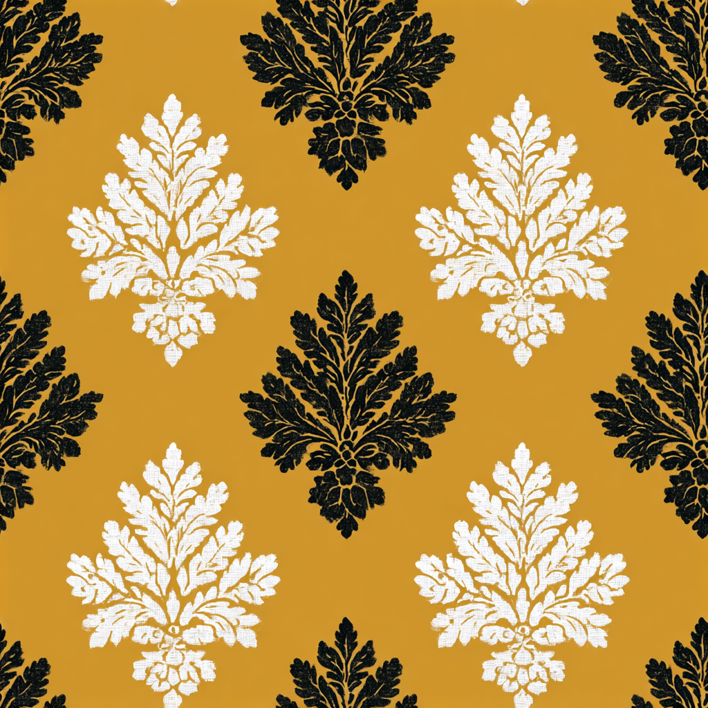 Guildhall linen wallpaper with a leaf damask pattern on a golden yellow background.