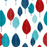Colorful Indigo Elm Wallpaper with leaf pattern in red, blue, and turquoise on a white background.