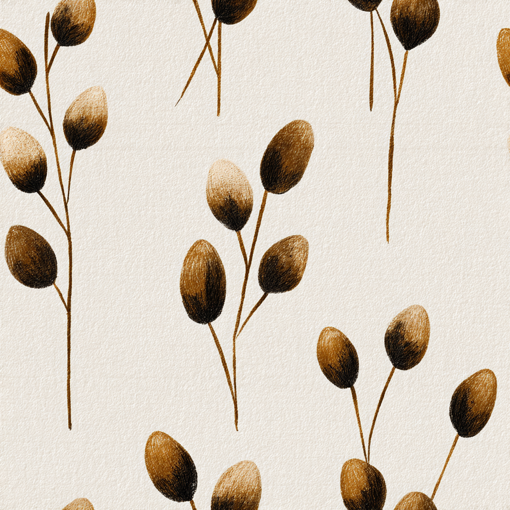 Fieldscript wallpaper with pussy willow design, having brown, pod-like seeds on thin branches against an off-white textured background.