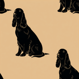 Patterned wallpaper featuring silhouetted black spaniels on a tan background.