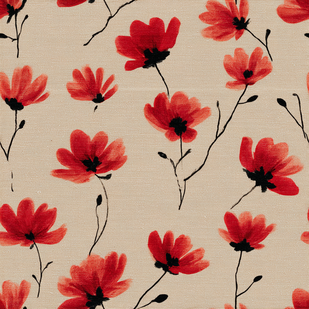 Carmine Bloom wallpaper with red floral pattern on a light beige textured background.