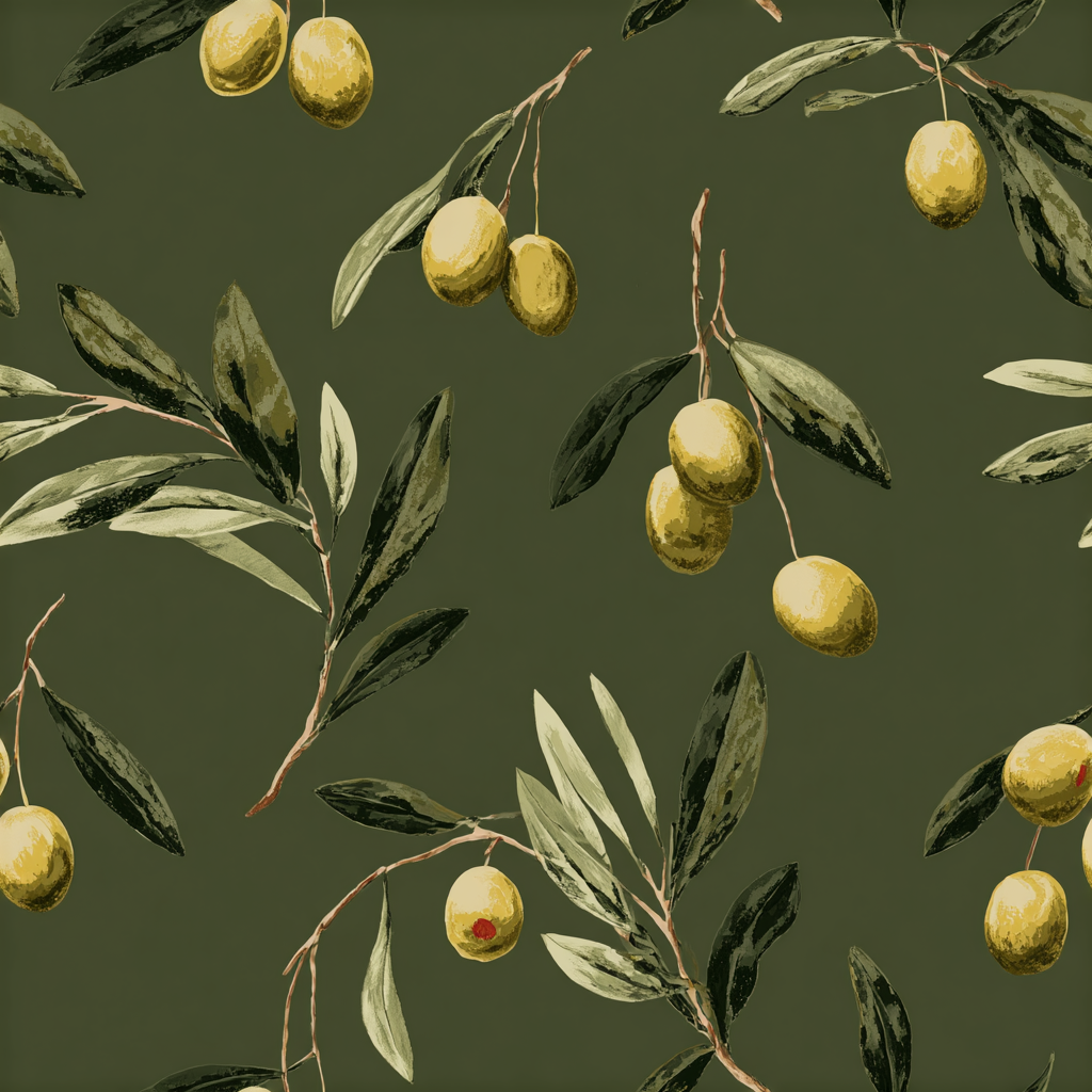 Green olive branch wallpaper with leaves and fruits.