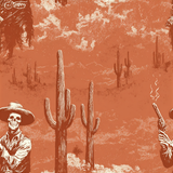 Tableau wallpaper with a desert scene of cacti and skeleton figures, in an orange color palette.