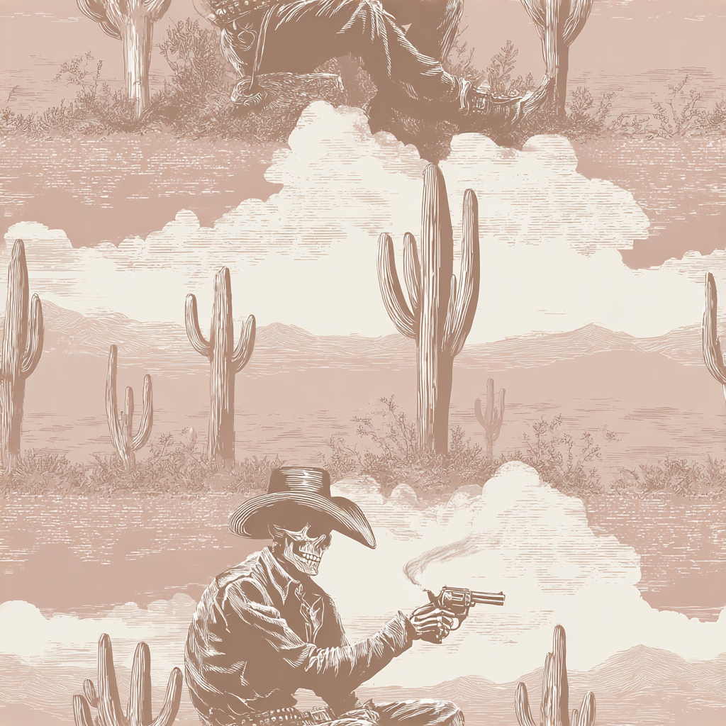 Sepia outlaw vista wallpaper with a western skeleton and cowboy scene, cactus and cloudy details.
