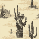 High Noon Revenant wallpaper with an old west skull cowboy illustration among cacti, on a tan dotted background.
