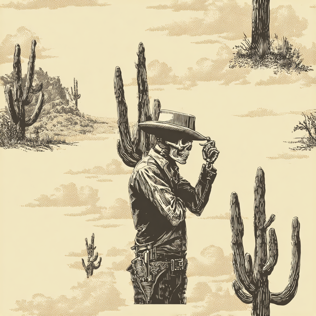 High Noon Revenant wallpaper with an old west skull cowboy illustration among cacti, on a tan dotted background.
