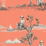 Campfire Solstice Wallpaper with skeletons around a campfire against a salmon-colored background.