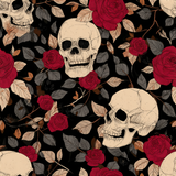 Saint Mortem wallpaper with a skull and rose pattern on a black background.