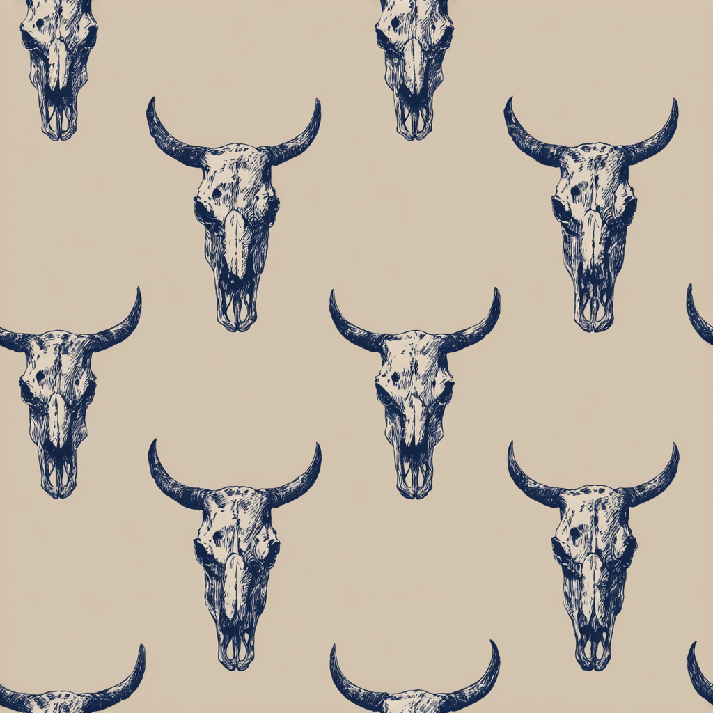 Relic wallpaper with bull skull pattern on tan background.
