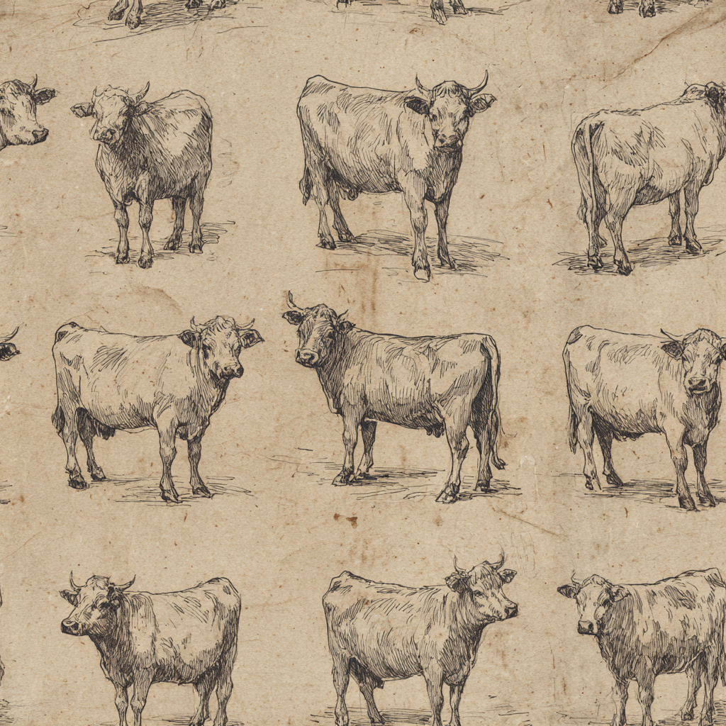 Cattle etchings wallpaper with brown paper texture pattern.