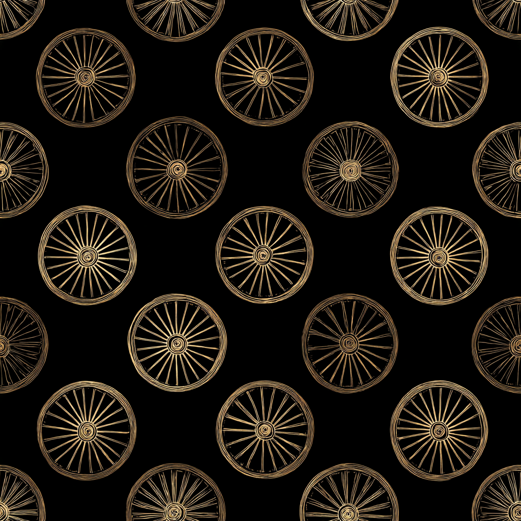 Frontier wheelhouse wallpaper with repeating gold wheel pattern on a black background.
