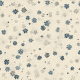 Floral confetti wallpaper with blue and gray flowers and speckled detailing.