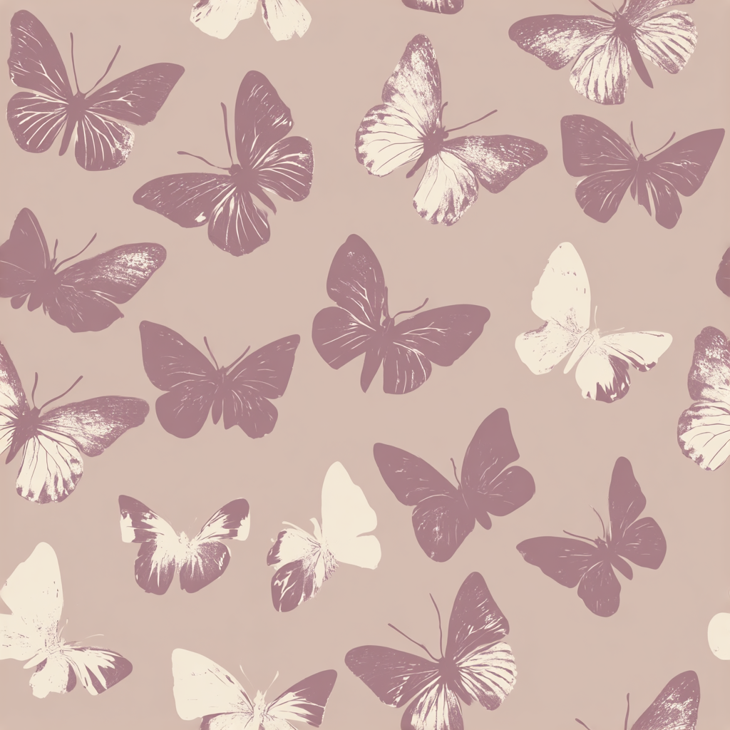 Pale monarch wallpaper with butterfly pattern in muted mauve and cream colors.