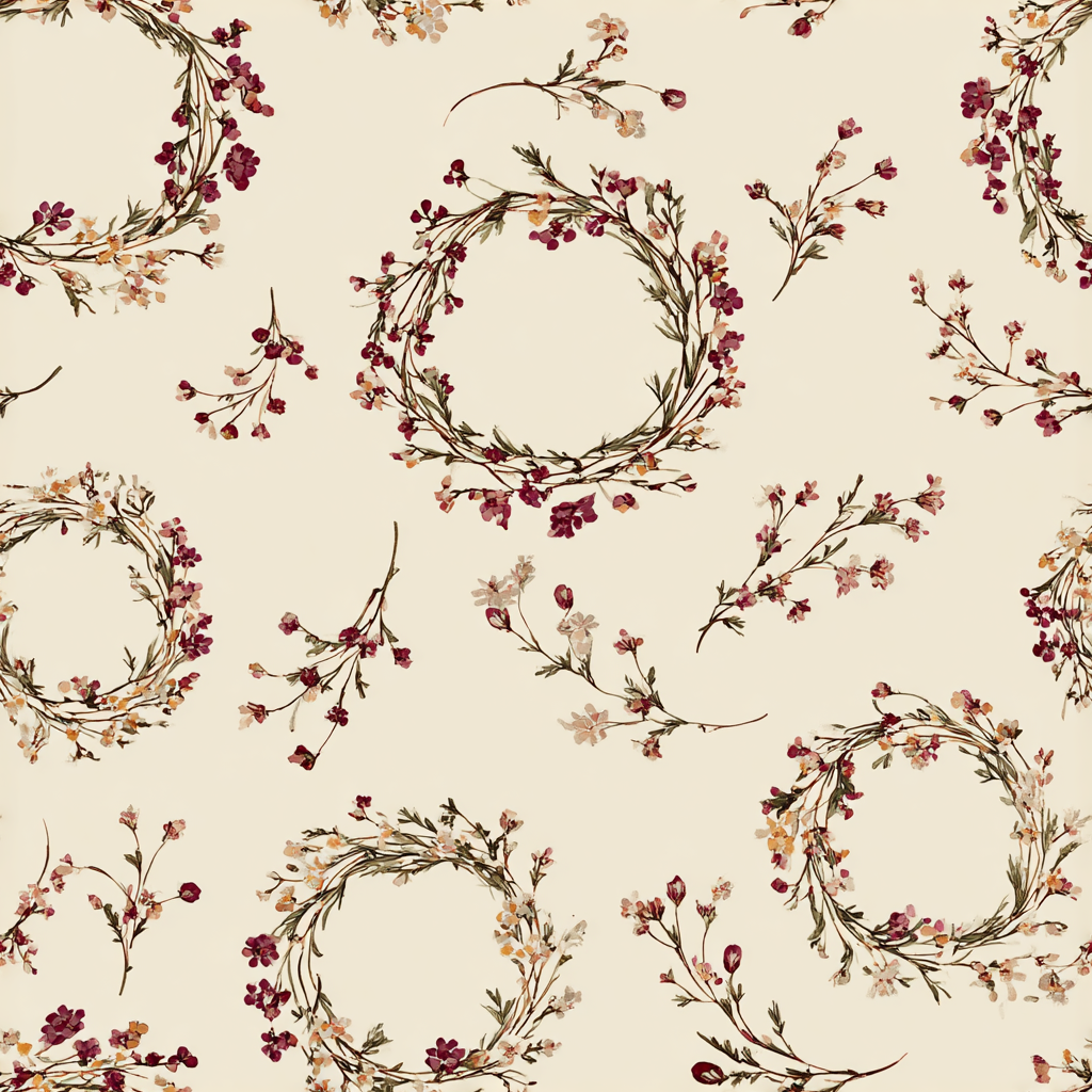 Floral Prairie Wreath Study Wallpaper with wreaths and sprigs pattern.
