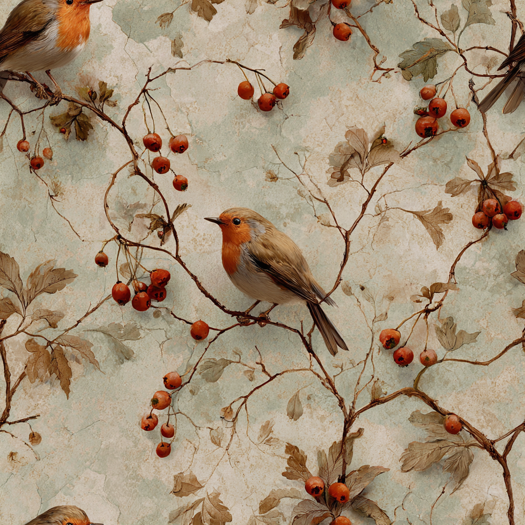 Hawthorn Hollow wallpaper with bird and berry motif, over a lightly textured surface.
