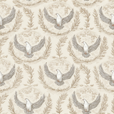 Patterned wallpaper with neutral background by Paloma, featuring dove and laurel wreath motif in a repeating circle design.
