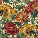 Tiger’s Reign wallpaper with snarling tiger and peony floral pattern.

