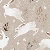Beige Willow & Thistle wallpaper with a repeating pattern of white rabbits and brown foliage.
