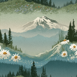 Nature-themed wallpaper featuring mountains, meadows, and wildflowers, with a grainy texture.
