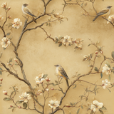 Golden aviary wallpaper featuring birds and botanical accents with a vintage, decorative style.
