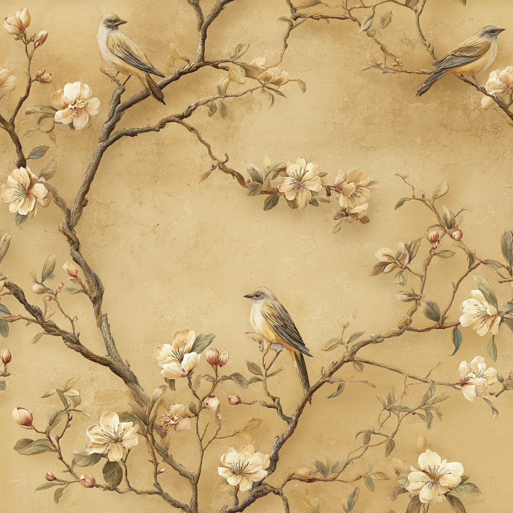 Golden aviary wallpaper featuring birds and botanical accents with a vintage, decorative style.

