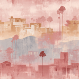 Watercolor desert mirage wallpaper with city and palm tree design.