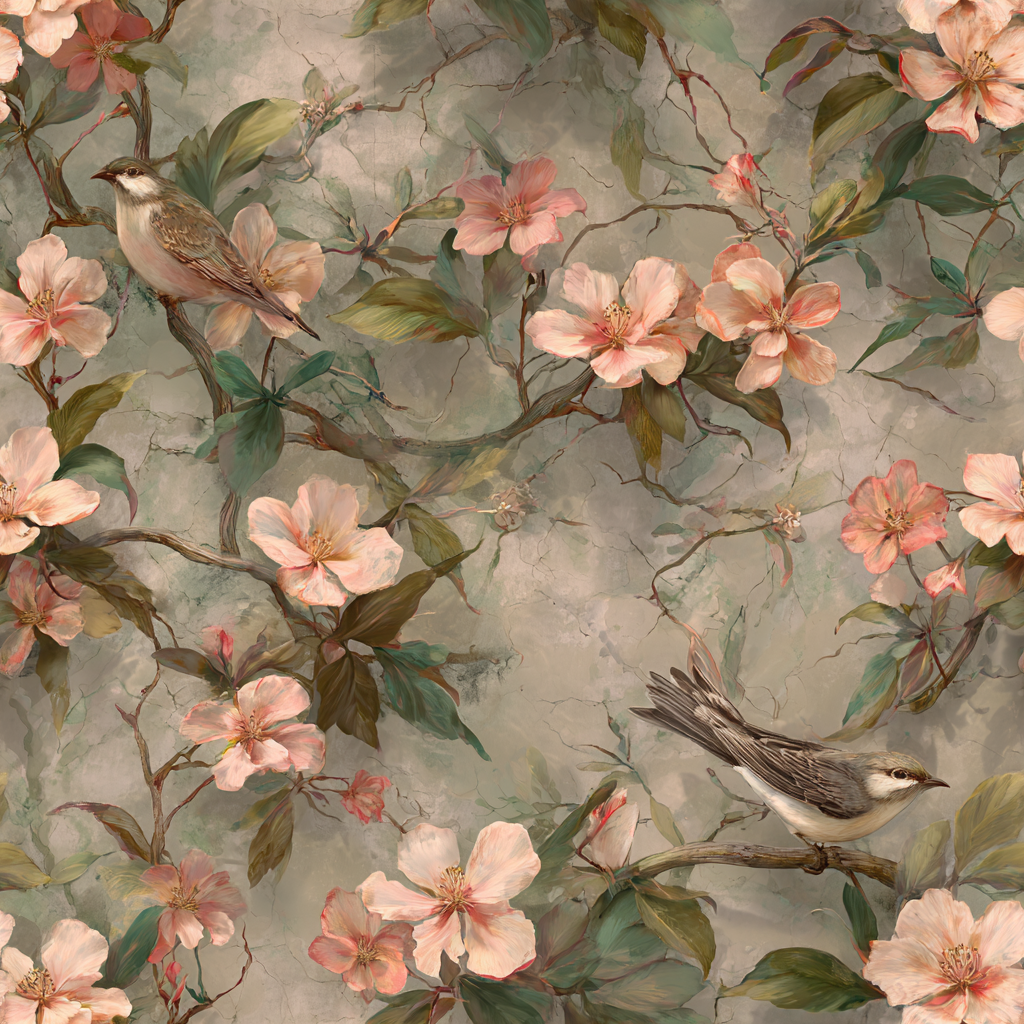 Floral garden wallpaper with birds by Pearl Finch, featuring pink blossoms and green leaves on a neutral background.
