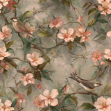 Floral garden wallpaper with birds by Pearl Finch, featuring pink blossoms and green leaves on a neutral background.
