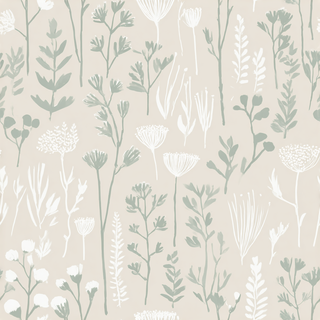 Floral wallpaper with light green and white meadow pattern.
