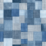 Indigo patchwork atelier wallpaper with fabric texture.
