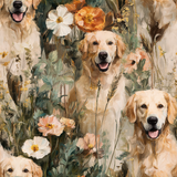 Golden atelier wallpaper with a repeating golden retriever dog and floral pattern.