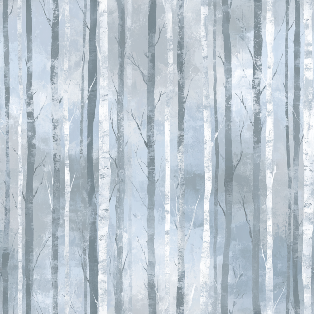 Blue and white frosted grove wallpaper with tree pattern.