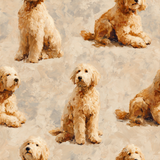 Dog-patterned wallpaper with a painted texture featuring golden-colored doodles.