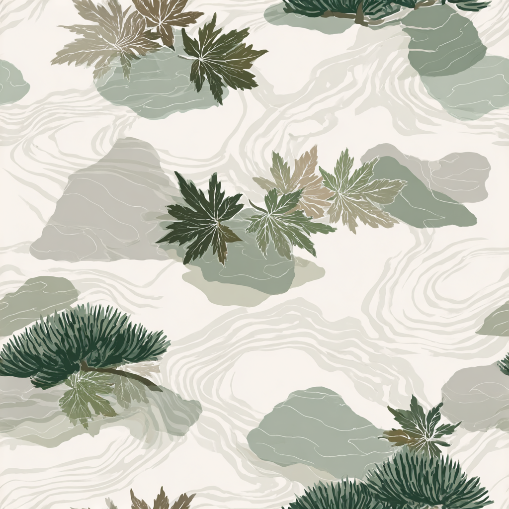 Greenwood Shallows wallpaper with a leaf and water pattern.