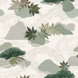 Greenwood Shallows wallpaper with a leaf and water pattern.